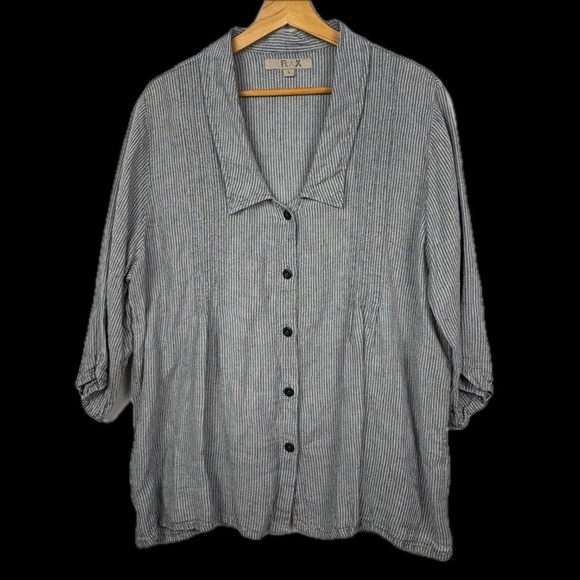 Flax Women V-Neck Collared ButtonDown Linen Top Sz L Blue Lagenlook Coast Beach - Picture 1 of 13